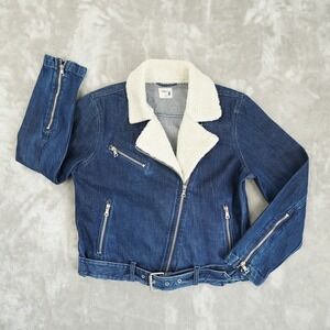 Gap Sherpa Collar Denim Moto Jacket Womens Large Blue Biker Asymmetrical Outdoor